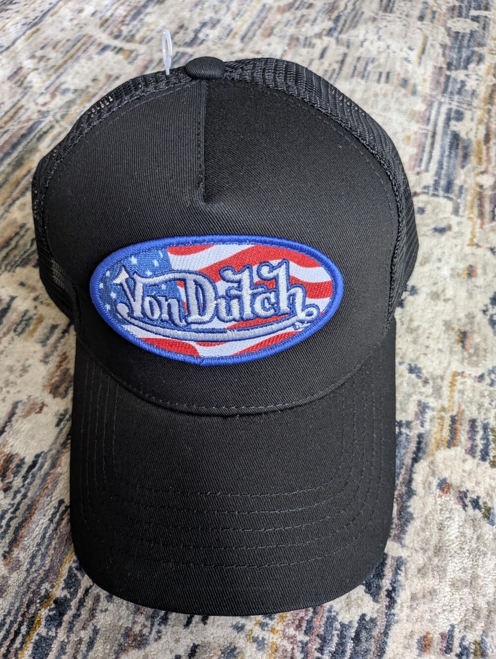Von Dutch Black Trucker Hat with Patriotic Logo Patch